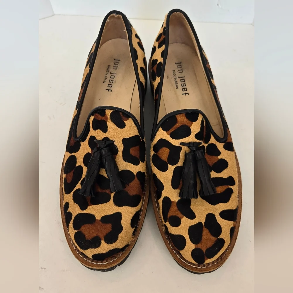 Jon Josef Leopard Print Calf Hair Tassel Loafers Lug Sole